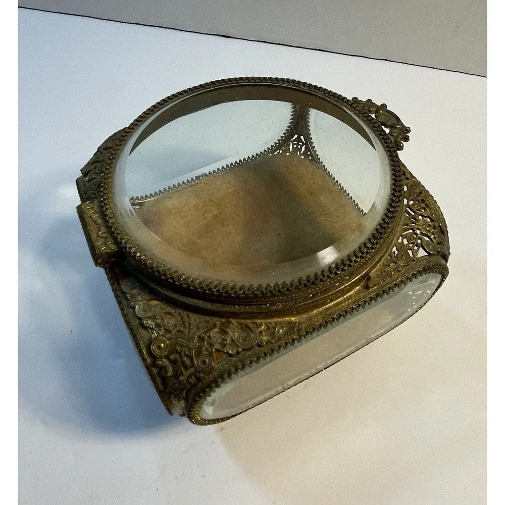 Vtg Gold Tone Beveled Glass Jewelry‎ Box/Casket. 4 Sided